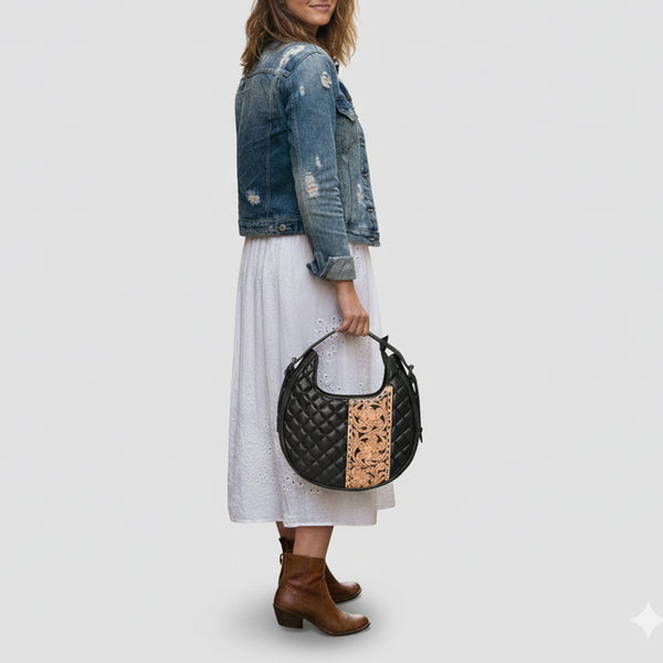 ADBG1705 American Darling Quilted Genuine Leather Hobo Bag | Hand-Tooled Floral Accent Shoulder Bag