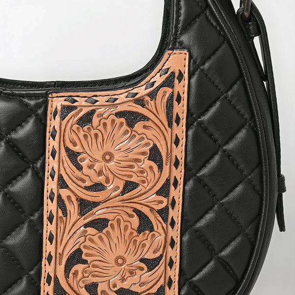 ADBG1705 American Darling Quilted Genuine Leather Hobo Bag | Hand-Tooled Floral Accent Shoulder Bag