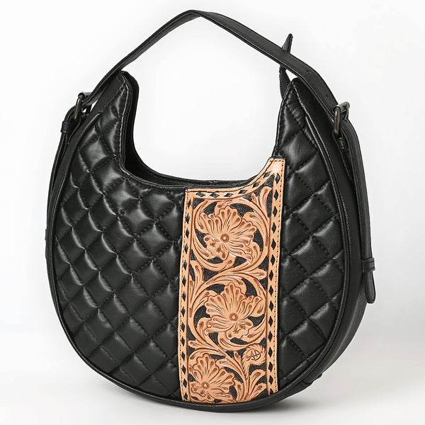 ADBG1705 American Darling Quilted Genuine Leather Hobo Bag | Hand-Tooled Floral Accent Shoulder Bag