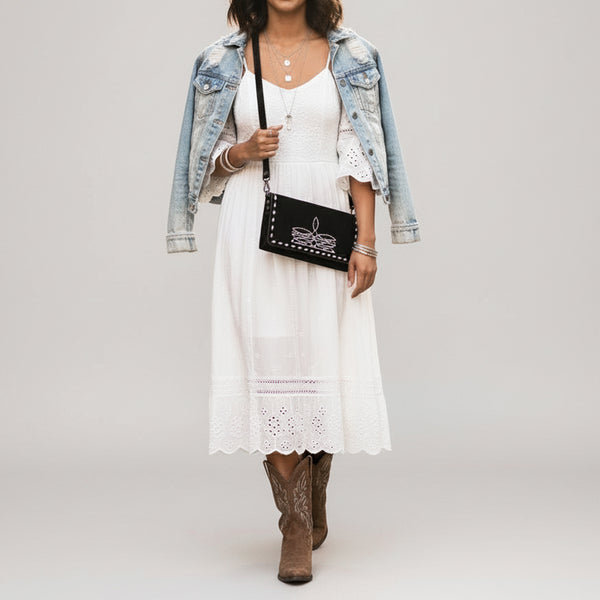 ADBG1712 American Darling Black Genuine Suede Wallet Bag | Boot Stitched Crossbody Purse
