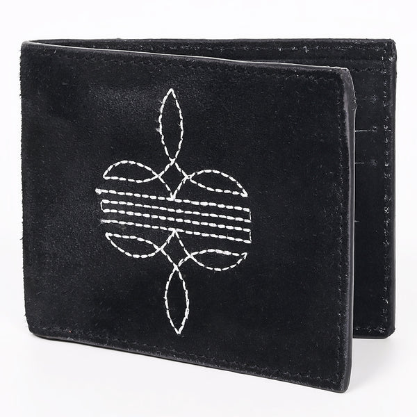 ADBGZ919A Black Genuine suede Leather Bifold Wallet with White Embroidered Stitch Detail