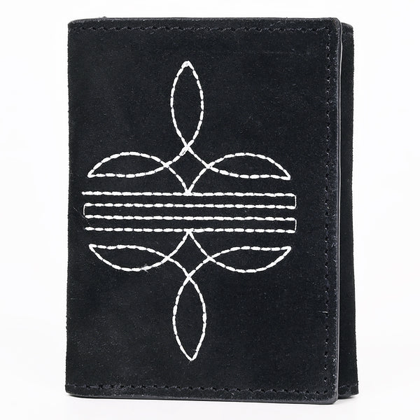ADBGZ920A Black Genuine suede Leather Trifold Wallet with White Embroidered Stitch Detail