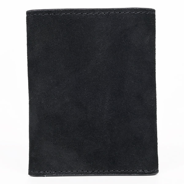 ADBGZ920A Black Genuine suede Leather Trifold Wallet with White Embroidered Stitch Detail