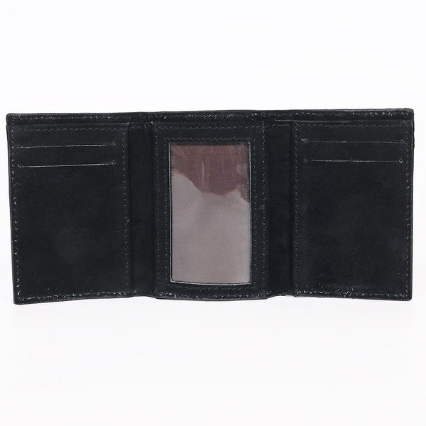 ADBGZ920A Black Genuine suede Leather Trifold Wallet with White Embroidered Stitch Detail