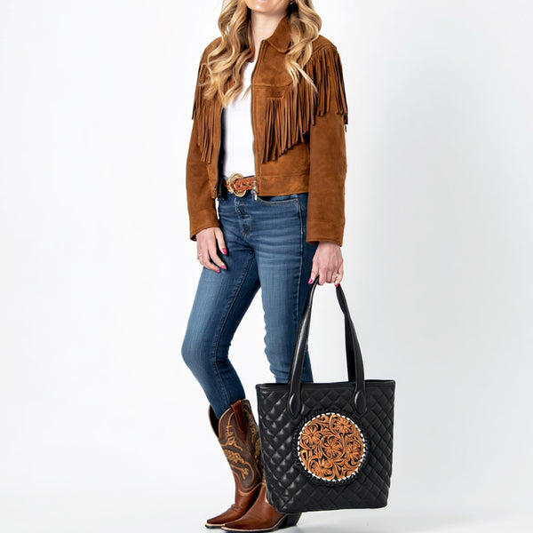 ADBGA750 American Darling Quilted Hand Tooled Floral Carved Genuine Leather Tote Bag