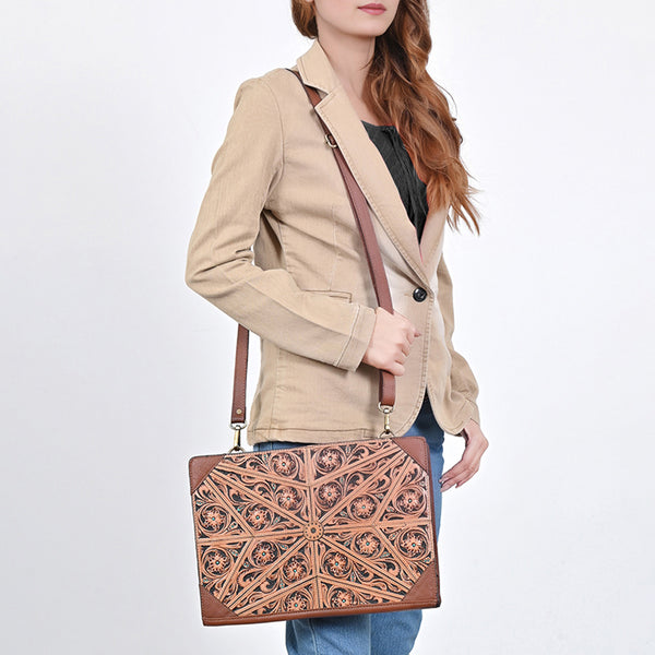 ADBGA752 American Darling Hand Tooled Floral Carved Genuine Leather Portfolio Bag