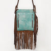 ADBGM598 Turquoise & Brown Genuine Leather Fringe Messenger Bag with Braided Detail