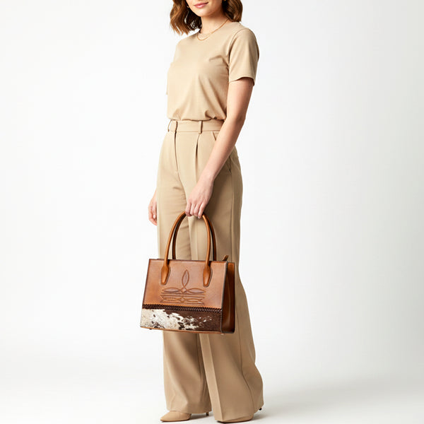 ADBGM599 Hair-On Hide & Tan Genuine Leather Western Tote Bag with Braided Detail
