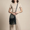 ADBGM600 Black Fringe Western Crossbody Bag with Braided Trim and Concho Accent - Genuine Leather