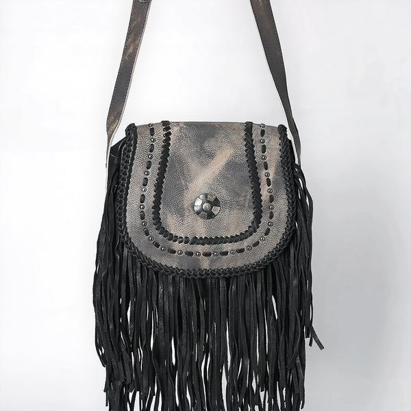 ADBGM600 Black Fringe Western Crossbody Bag with Braided Trim and Concho Accent - Genuine Leather