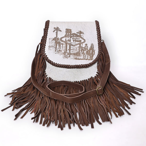 ADBGM602 Las Vegas Cowboy Scene Hair-On Hide Fringe Crossbody Bag - Western Leather Purse