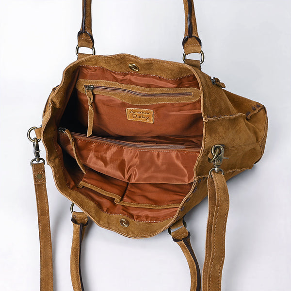 ADBGM127F Genuine suede Western Tote Bag - Light Brown Embroidered Leather Handbag with Whipstitch Detail