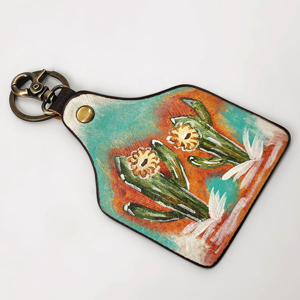 ADKRM144 Hand-Painted Cowhide Leather Keyring Southwestern Cactus Bloom Design