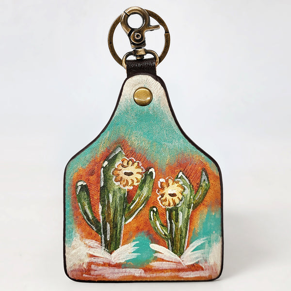 ADKRM144 Hand-Painted Cowhide Leather Keyring Southwestern Cactus Bloom Design