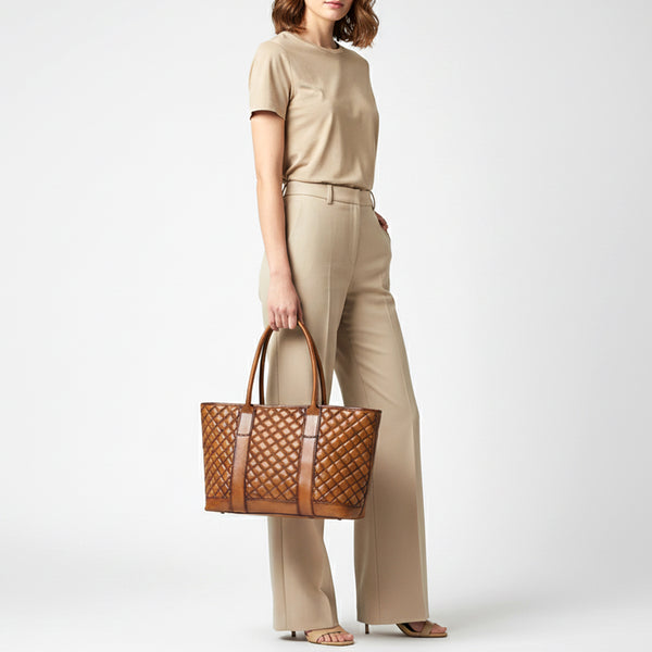 ADBGM607 Tote Bag - Quilted Genuine Leather Western Tote in Tan Saddle Finish