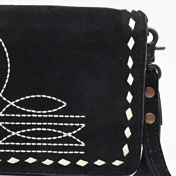 ADBG1717 American Darling Black Genuine Suede Organizer Bag | Boot Stitched Clutch