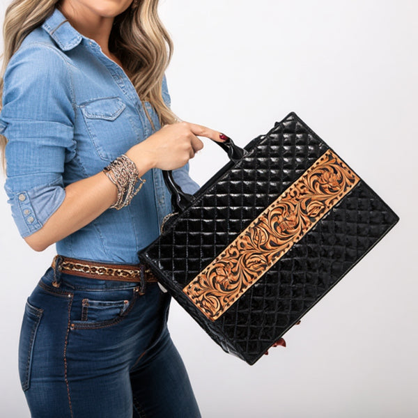 ADBGA775 American Darling Quilted Hand Tooled Genuine Leather Tote Bag