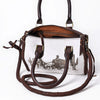 ADBGM624 Western Satchel Tote- Hair-On Leather Bag with Stagecoach Print, Braided Strap & Top Handles