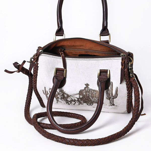 ADBGM624 Western Satchel Tote- Hair-On Leather Bag with Stagecoach Print, Braided Strap & Top Handles
