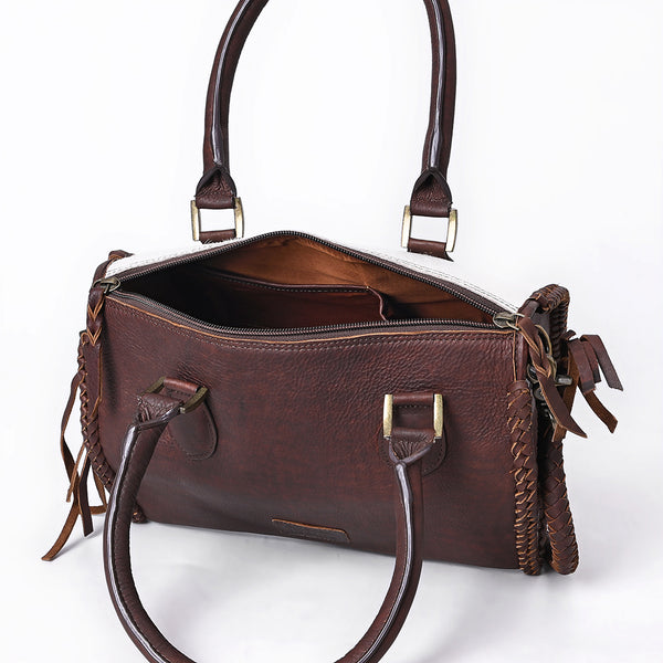 ADBGM624 Western Satchel Tote- Hair-On Leather Bag with Stagecoach Print, Braided Strap & Top Handles