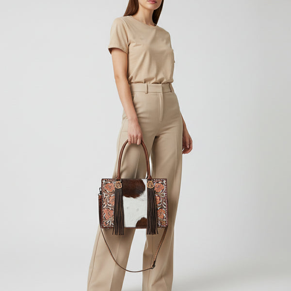 ADBG1718 American Darling Hair-On Cowhide Fringe Tote Bag | Hand-Tooled Western Shoulder Bag