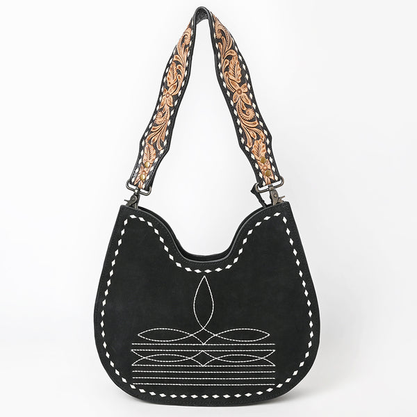 ADBG1720 American Darling Black Genuine Suede Hobo Bag | Boot Stitched Hand-Tooled Strap