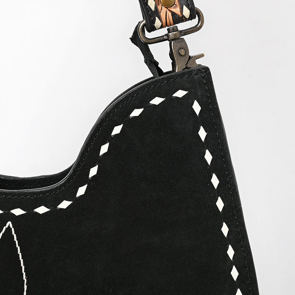 ADBG1720 American Darling Black Genuine Suede Hobo Bag | Boot Stitched Hand-Tooled Strap