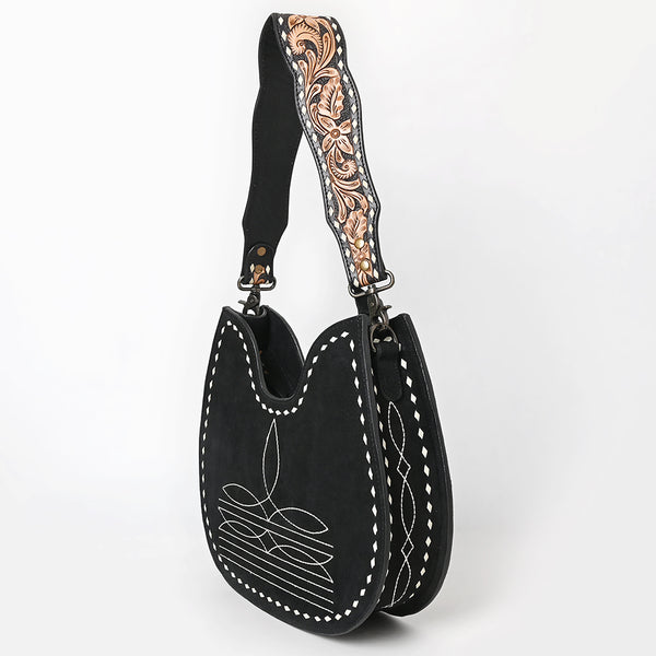 ADBG1720 American Darling Black Genuine Suede Hobo Bag | Boot Stitched Hand-Tooled Strap