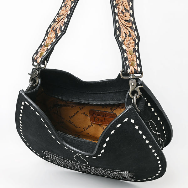 ADBG1720 American Darling Black Genuine Suede Hobo Bag | Boot Stitched Hand-Tooled Strap