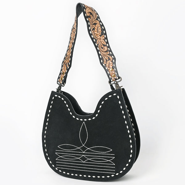 ADBG1720 American Darling Black Genuine Suede Hobo Bag | Boot Stitched Hand-Tooled Strap