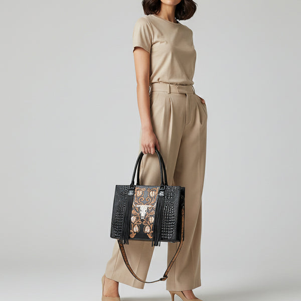 ADBG1721 American Darling Hand Tooled Floral & Crocodile Embossed Leather Western Tote Bag