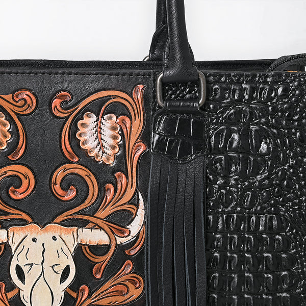 ADBG1721 American Darling Hand Tooled Floral & Crocodile Embossed Leather Western Tote Bag
