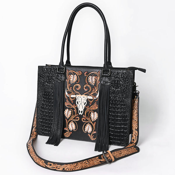 ADBG1721 American Darling Hand Tooled Floral & Crocodile Embossed Leather Western Tote Bag