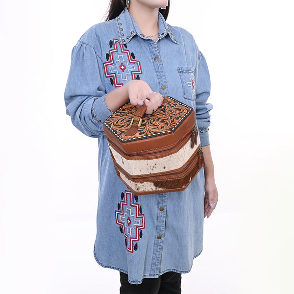 ADBGA781 Hexagon Tooled Leather & Cowhide Western Travel Case - Dual Zippers with Handle