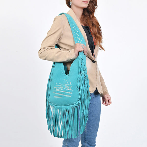 ADBGA734 American Darling Fringe Boot Stitched Genuine Leather Large Cross body Bag