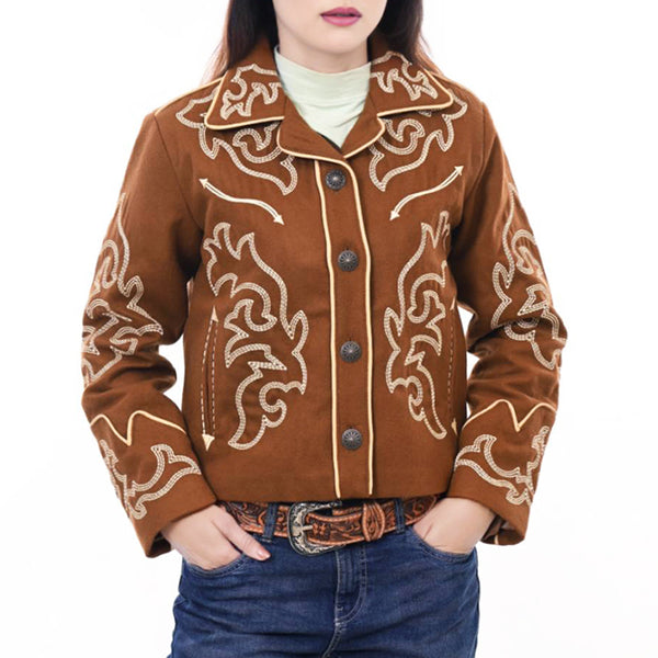 ADJKT063 Women Western Style Embroidered Woolen Jacket with Button Front