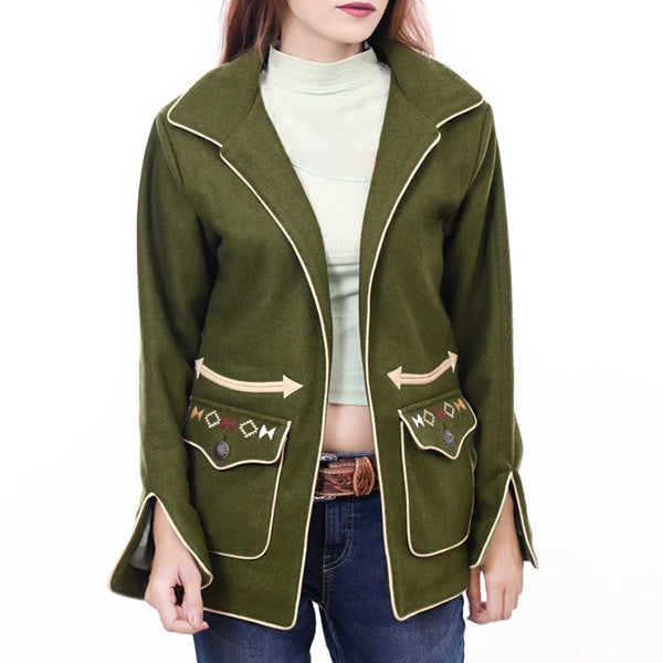 ADJKT069 Women's Olive Green Western Wool Blazer with Embroidered Arrow Pockets