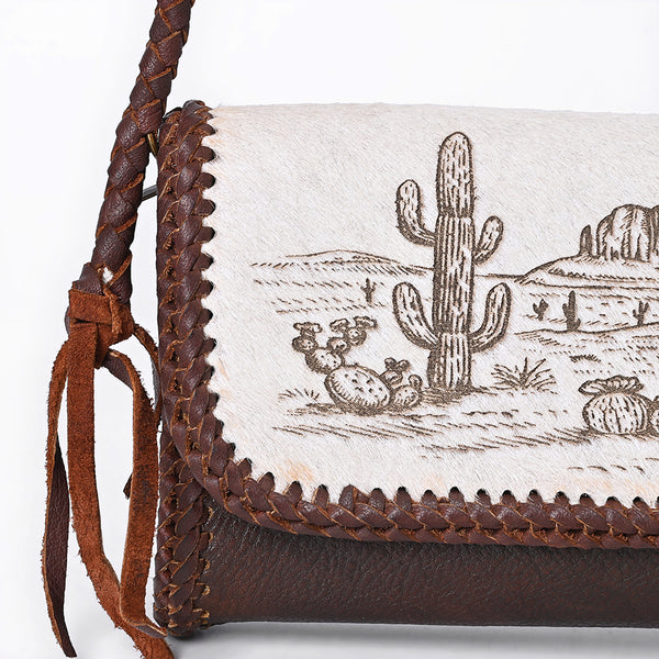 ADBGM632 Western Crossbody Bag - Hair-On Leather with Desert Scene Print & Braided Crossbody Strap