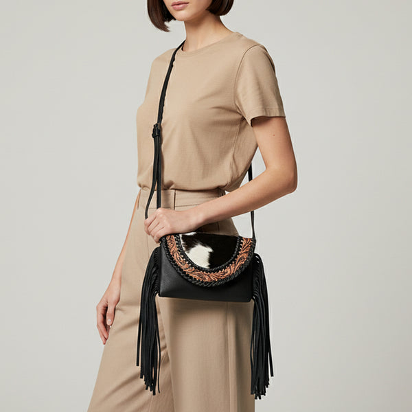 ADBG1726 American Darling Small Cross body Bag Hand Tooled Floral with Hair-On Cowhide and Fringes