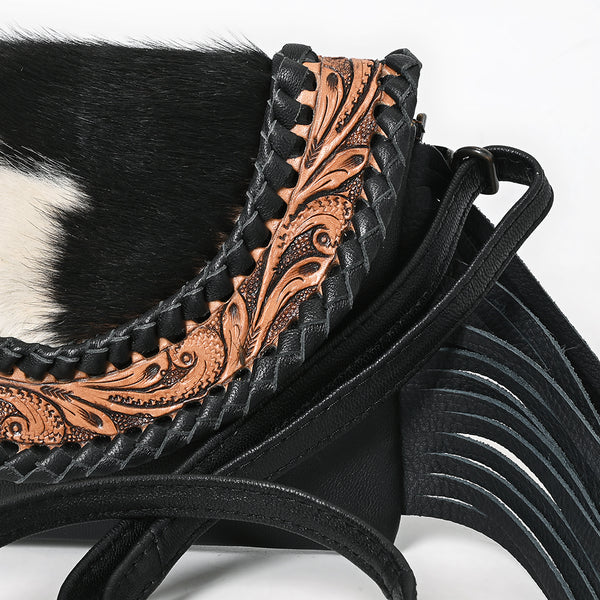 ADBG1726 American Darling Small Cross body Bag Hand Tooled Floral with Hair-On Cowhide and Fringes