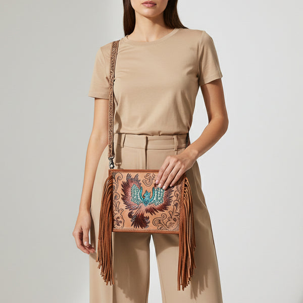 ADBG1730 American Darling Western Leather Cross body Bag with Hand Tooled Floral Carving and Fringes