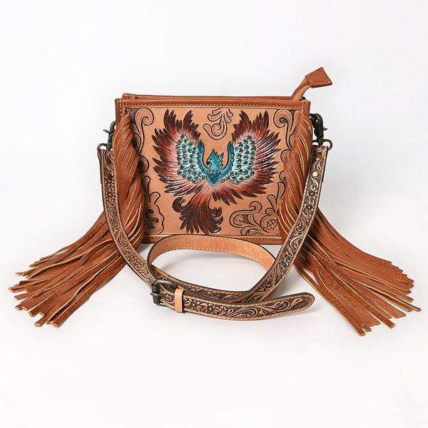 ADBG1730 American Darling Western Leather Cross body Bag with Hand Tooled Floral Carving and Fringes