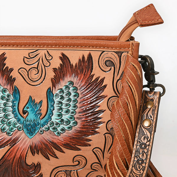 ADBG1730 American Darling Western Leather Cross body Bag with Hand Tooled Floral Carving and Fringes