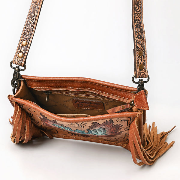 ADBG1730 American Darling Western Leather Cross body Bag with Hand Tooled Floral Carving and Fringes