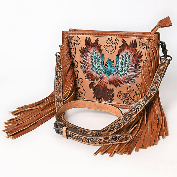 ADBG1730 American Darling Western Leather Cross body Bag with Hand Tooled Floral Carving and Fringes