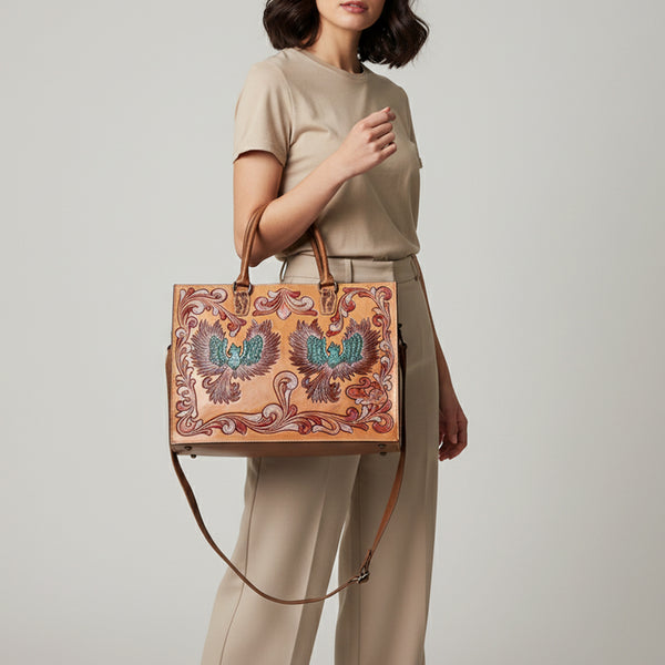 ADBG1731 American Darling Western Leather Tote Bag with Hand Tooled Floral Carved