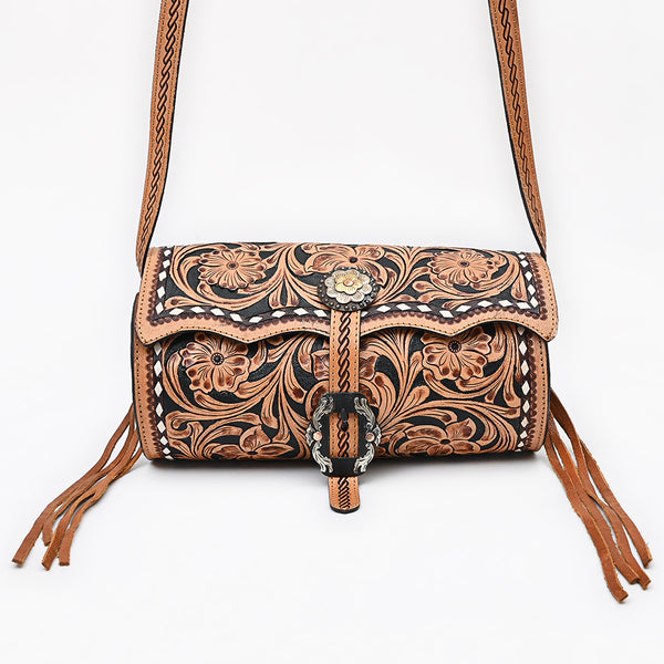 ADBGA796 American Darling Hand Tooled Floral Leather Cross body Bag with Fringes