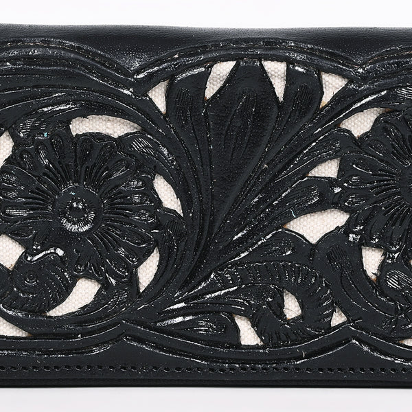 ADBGZ810A Black Hand-Tooled Leather Wallet - Western Floral Zip Wallet with Cream Contrast