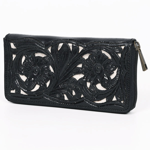 ADBGZ810A Black Hand-Tooled Leather Wallet - Western Floral Zip Wallet with Cream Contrast