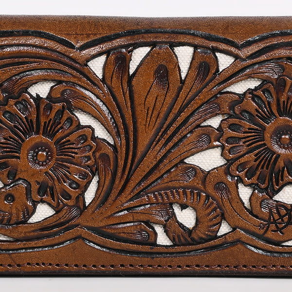 ADBGZ810 Hand-Tooled Leather Wallet - Western Floral Zip Wallet with Inlay